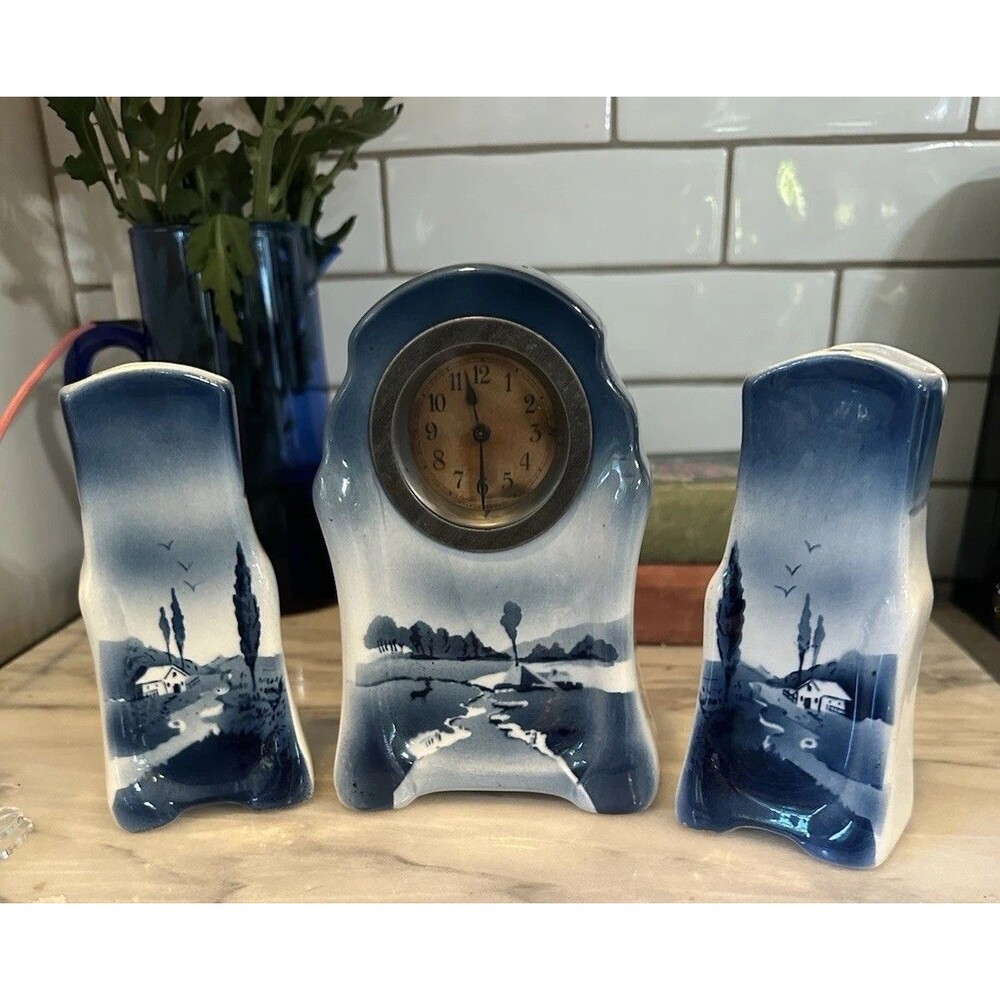 Vintage Clock 2 Bud Vases Delft Style Forest Deer Blue White German Cottage Core